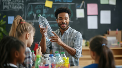 Teacher educating children about recycling with plastic bottles in a classroom