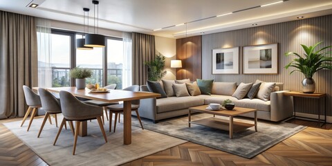 Modern Living Room with Sectional Sofa, Wooden Dining Table, and Herringbone Floor, interior design, living room, home decor