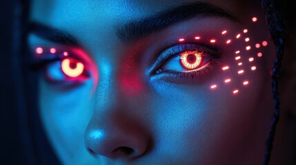 futuristic female android portrait metallic skin with subtle human features piercing neon eyes cyberpunk aesthetic with holographic background