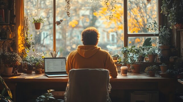  A solitary figure gazes out a window, bathed in the warm glow of the setting sun, surrounded by lush greenery, their laptop and coffee nearby.