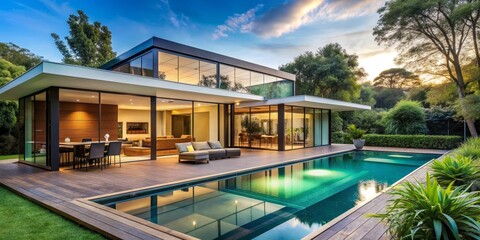 Modern Villa with Infinity Pool at Sunset, Luxury Home, Poolside Retreat, Tropical Landscape ,luxury homes ,infinity pool ,architecture