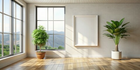 Fototapeta premium Modern Minimalist Interior with Mountain View, Blank Frame, Plants, Natural Light, Wood Floor, , interior design