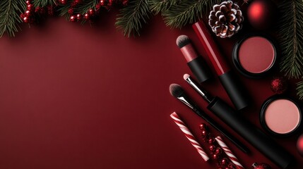A Christmas-themed makeup set on a rich red background, complete with candy canes and pine branches, creating a festive and cheerful holiday scene with a touch of elegance.