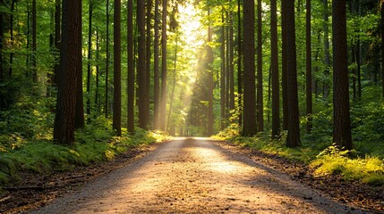 Obraz premium Sunbeams through Forest Trees on Path.