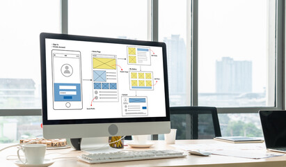 UX UI design process for modish mobile application and website . Creative prototype of wireframe...