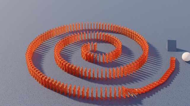 Abstract 3D Animation of Amber Domino Tiles Set in Spiral on a Black Background, Toppled by Rolling Ball