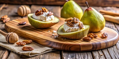 Pecan Stuffed Pear Halves on Wooden Cutting Board, pears, pecans, cheese, ,pecan stuffed pears, pear appetizer