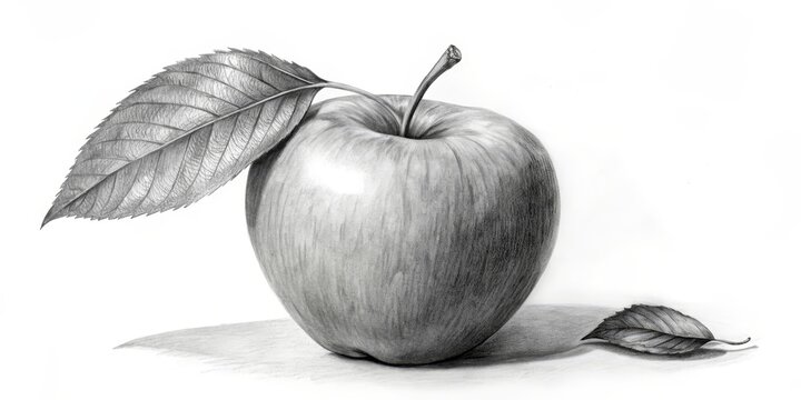 Pencil Drawing of a Red Apple with a Leaf, Pencil Drawing, Still Life, Apple Art, fruit , botanical, drawing