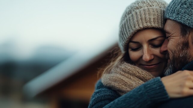 A couple embraces warmly, dressed in cozy winter clothing, including knit hats and scarves, while standing outside. The moment captures love, intimacy, and warmth amidst a cold backdrop.