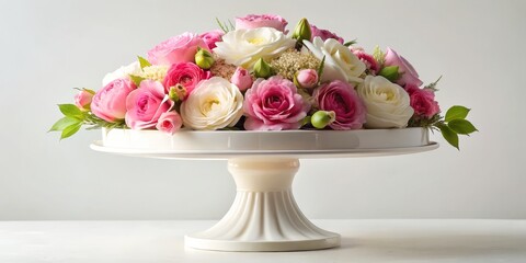 Obraz premium Pink and White Roses in a White Pedestal, flowers, bouquet, floral arrangement