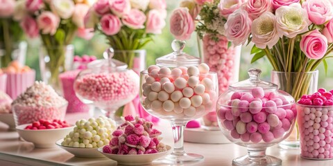 Pink and White Candy Buffet with Flowers in Glass Vases, candy, flowers, pink , ,