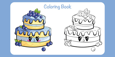 Coloring book.Painting book for kid. Cute kawaii cake on white background. Food, sweet, dessert, bakery hand drawn. Character cartoon design.Vector illustration.