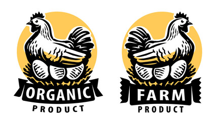 Chicken, hen in a nest with eggs. Organic product emblem or badge. Farm food vector illustration