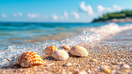 Seashells on Sandy Beach with Waves.