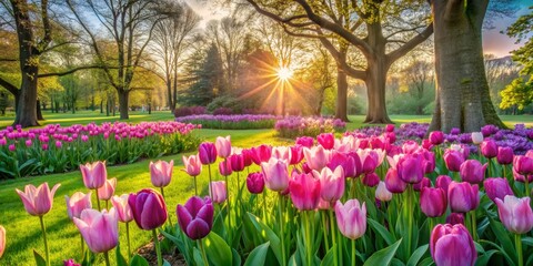 Obraz premium Sunlit Tulips in a Spring Garden, Sunlight , Tulips , Spring , Garden