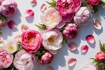 Fototapeta premium Vibrant Collection of Lush Pink and White Peony Petals on Crisp White Background Celebrating Spring Beauty