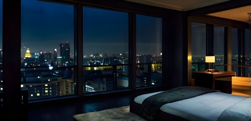 Fototapeta premium A dark, gloomy penthouse bedroom at night, with a view of the city skyline visible from the bed. The atmosphere is moody and quiet, capturing the serene yet mysterious vibe of an urban nightscape.