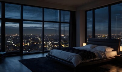A dark, gloomy penthouse bedroom at night, with a view of the city skyline visible from the bed. The atmosphere is moody and quiet, capturing the serene yet mysterious vibe of an urban nightscape.