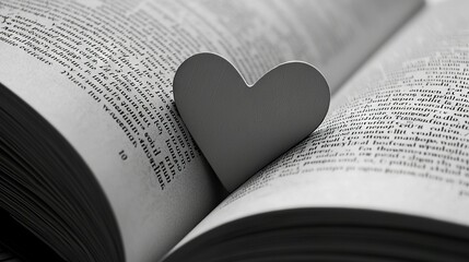 Fototapeta premium An open book with a heart-shaped bookmark on its pages, featuring a black and white photo of an open heart-shaped book
