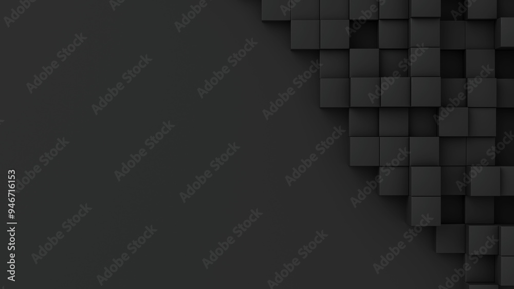 Poster black cubes with random size on dark backdrop. a place for text on the left. abstract 3d render illu