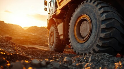 A detailed image of a truck tire captured against a rugged and rocky road background during sunset, emphasizing the truck's capability and strength.