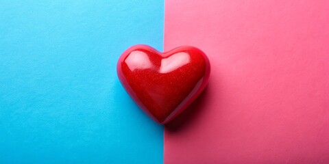 Fototapeta premium Red Heart on Blue and Pink Background, Heart Shape, Love Symbol, Color Contrast