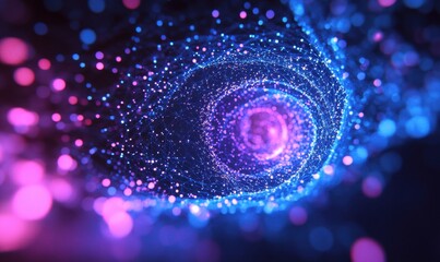 Abstract digital background with a blue and purple gradient, a futuristic network of dots connected by lines forming a circular pattern Generative AI