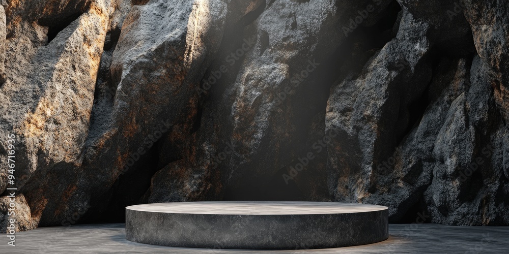 Aufkleber Rocky backdrop featuring an empty podium designed for product display This is a 3D rendered illustration