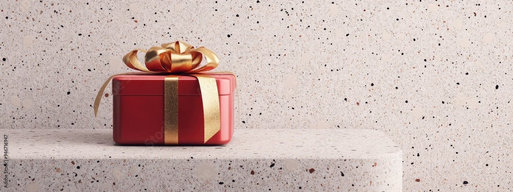 Aufkleber Minimalist product display for festive occasions featuring a red gift box adorned with a golden ribbon on a terrazzo podium 3D render illustration Clipping path for each element included