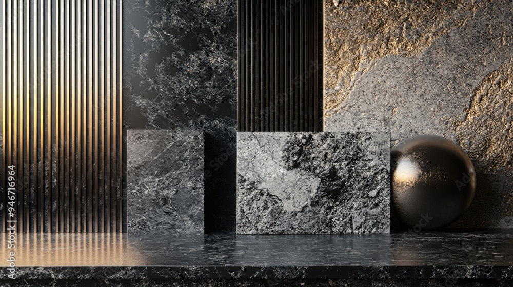 Poster elegant abstract background featuring metal textures combined with stone marble and granite 3d illus