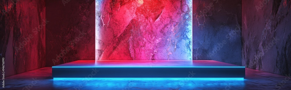 Poster Empty stage featuring an ornate background of red and white granite walls 3D rendering