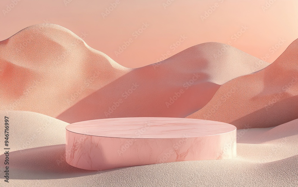 Poster abstract podium on a sand dune backdrop stone pedestal for premium displays realistic pastel mock up