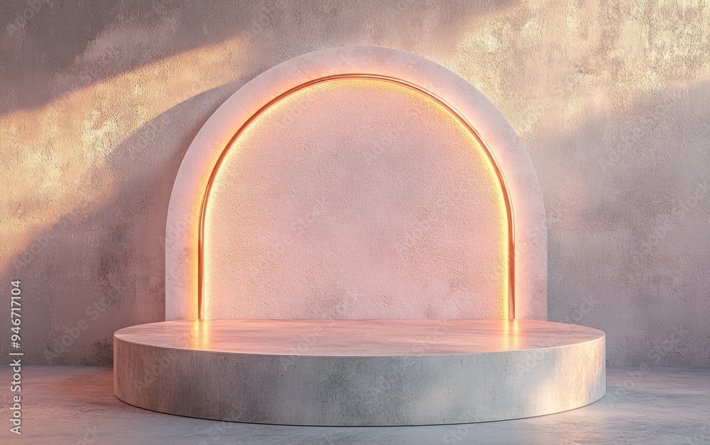 Poster minimalistic mock up podium featuring concrete and rose gold materials designed for product presenta