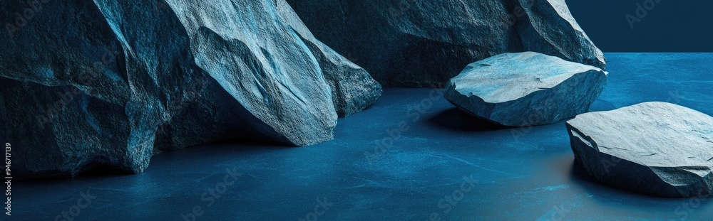Poster blue geometric stone and rock shape background minimalist mockup for display or showcase 3d renderin