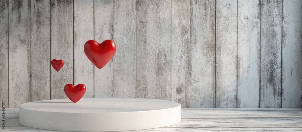 Aufkleber white podium with valentine s day love theme featuring red heart against a wooden wall background fo