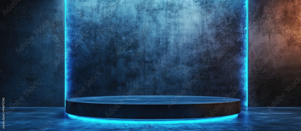 Aufkleber Modern Grunge Cyberpunk Stage with Empty Product Display Featuring Glossy Concrete Background and Deep Blue Vibrant Podium Lights 3D Rendered Illustration