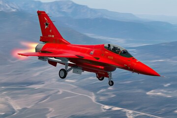 Dynamic Aerial Maneuvers of a Vibrant Red Military Fighter Jet Simulation
