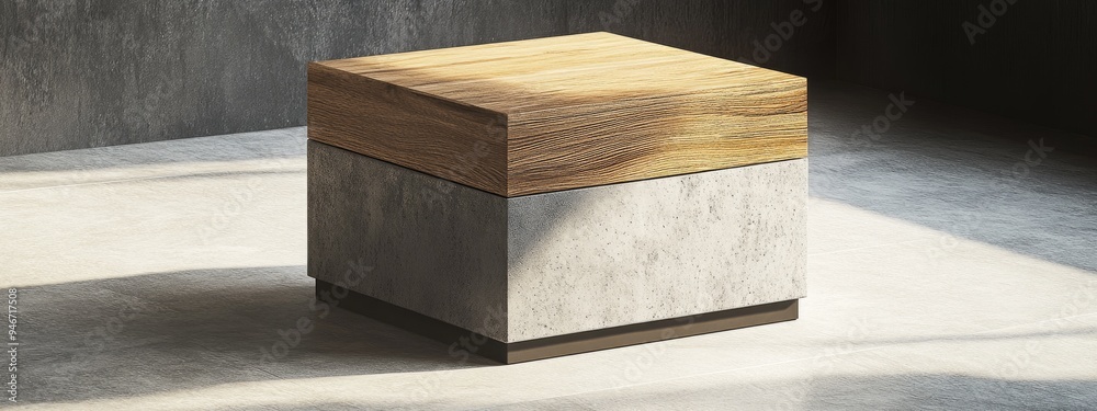 Poster product display stand featuring a square box design with wood and concrete textures rendered in 3d
