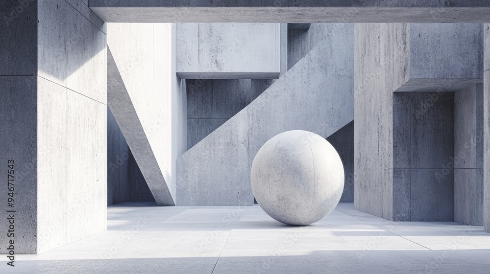 Aufkleber Abstract interior background featuring a concrete space with a geometric arrangement of cubes and a sphere showcasing minimalistic architecture through 3D rendering
