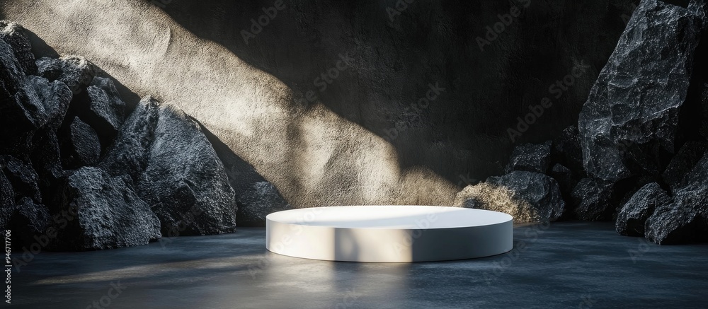 Poster White podium surrounded by dark stones in a dimly lit space casting shadows on the wall 3D rendering for product showcase