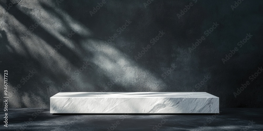 Poster elegant white stone podium on a dark surface with shadow reflection on the wall ideal for branding a