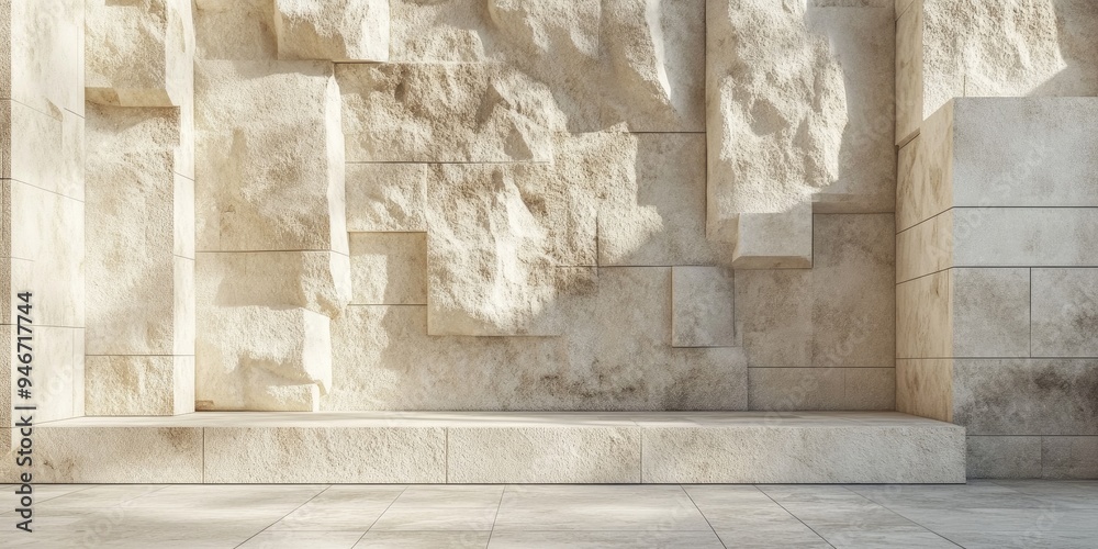 Poster beige stone wall pieces and slabs for use as a product display background 3d illustration