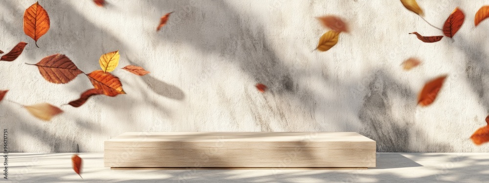 Poster Empty wooden display stand on terrazzo with 3D rendering and falling leaves high quality image