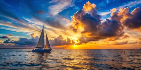 Fototapeta premium Sailboat Adrift in a Golden Sunset, Ocean, Seascape, Sunset, Yacht
