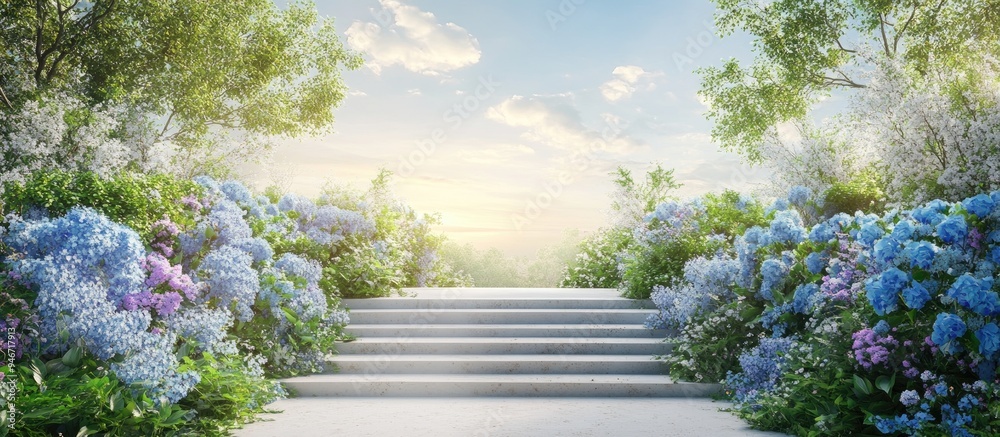 Wall mural Natural beauty podium backdrop featuring a landscape filled with spring blue flowers 3D rendering