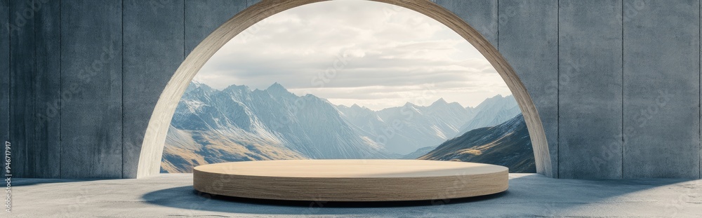 Poster grey wall with concrete arch in a 3d rendered empty scene featuring a wooden texture podium amidst a