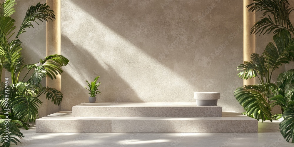 Poster granite podium in a minimalist design with a tropical aesthetic 3d rendering