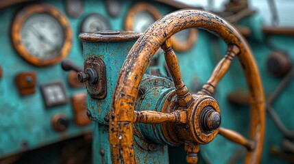 Antique ship's rudder made of weathered wood and faded brass, showing signs of age with cracks, scratches and faded patina