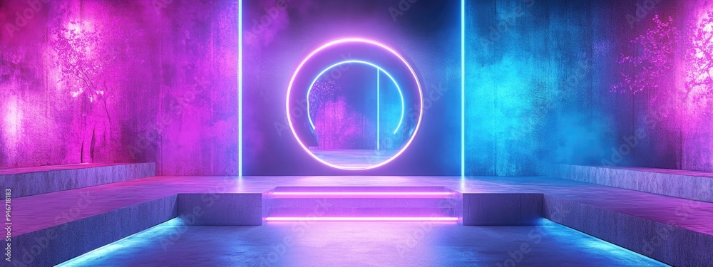 Poster futuristic sci fi modern structure with circular neon lasers in vibrant purple and blue designed for