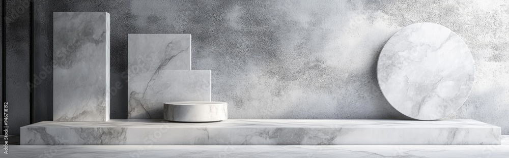 Aufkleber Marble texture geometric shape collection with blank podium shelf 3D rendering
